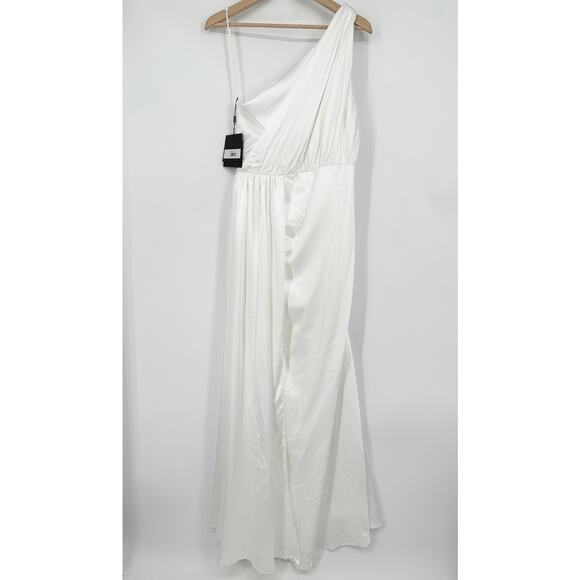 Ieena for Mac Duggal One Shoulder Draped Dress Satin Maxi Long Formal Gown White - Picture 9 of 16